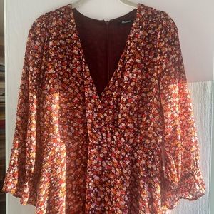Madewell Floral V-Neck Long Sleeve Dress in Burgundy Multi